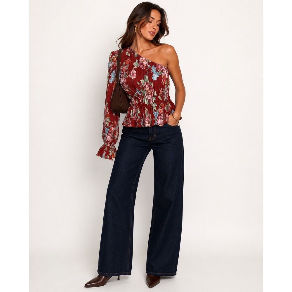 WAYF Scarlet Roses One Shoulder Floral Pleated Blouse Red Size L Going Out Top